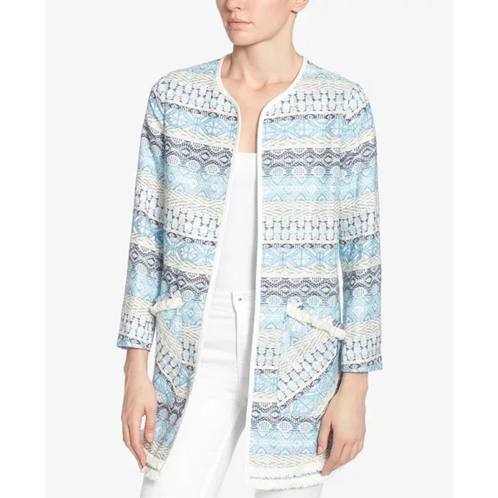 Peck & Peck Bright Idea Blue Multi Finge Open‎ Boho Jacket Size M NWT